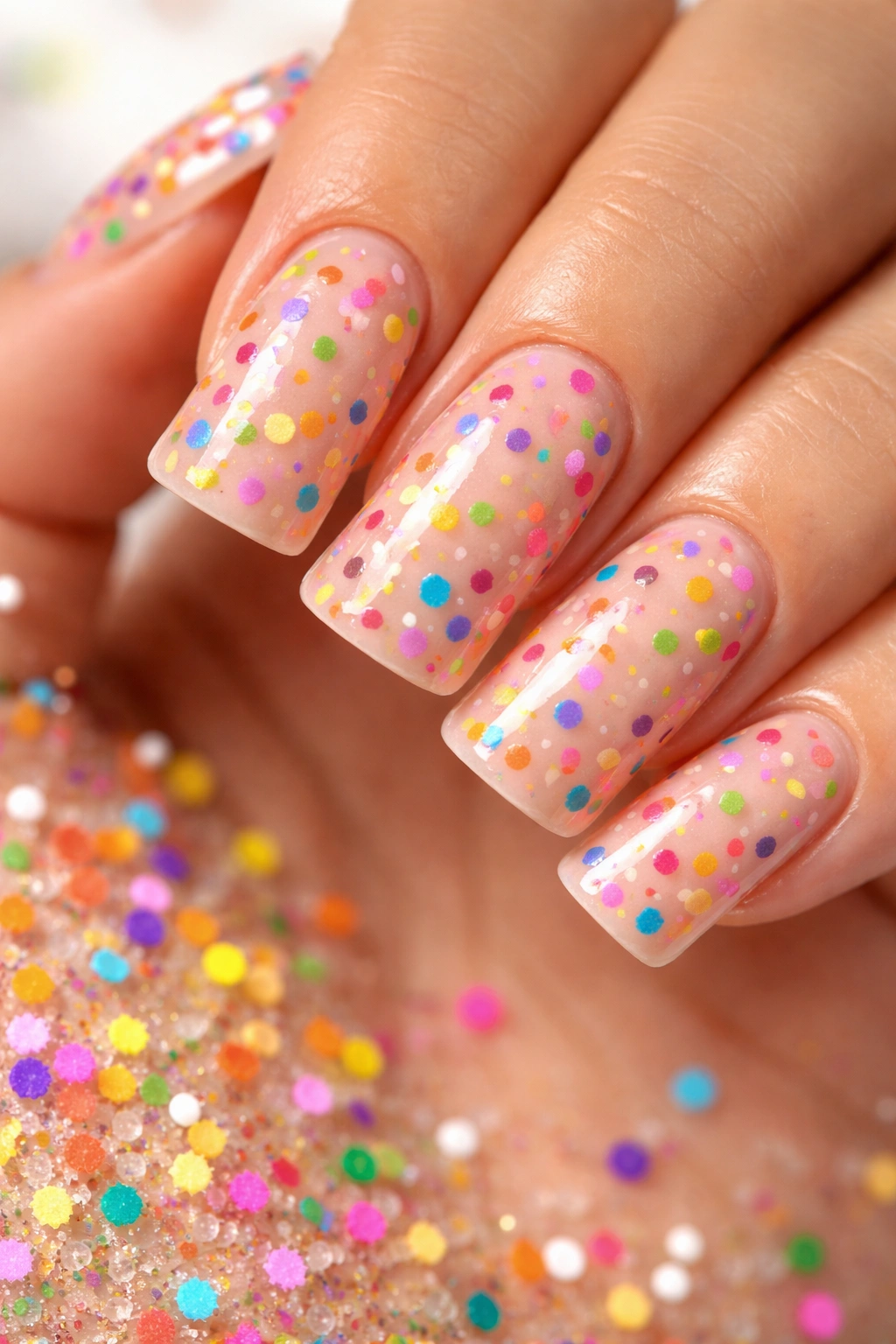 Duck nails on nude base with scattered rainbow confetti dots and dashes