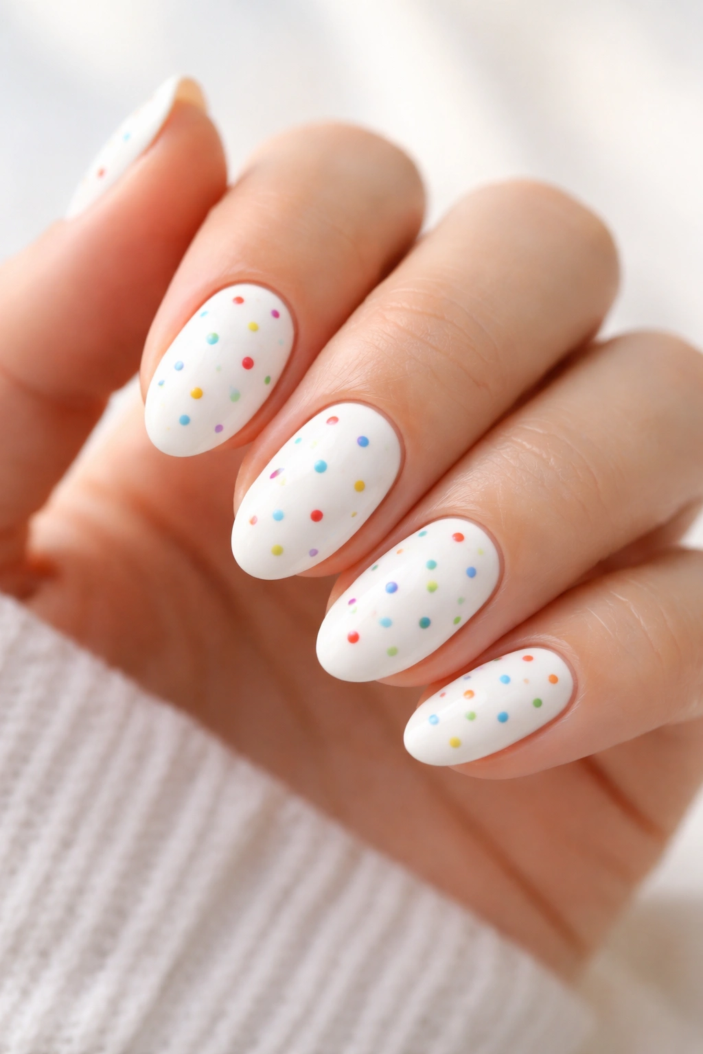 Close-up of white almond nails with tiny rainbow confetti dots