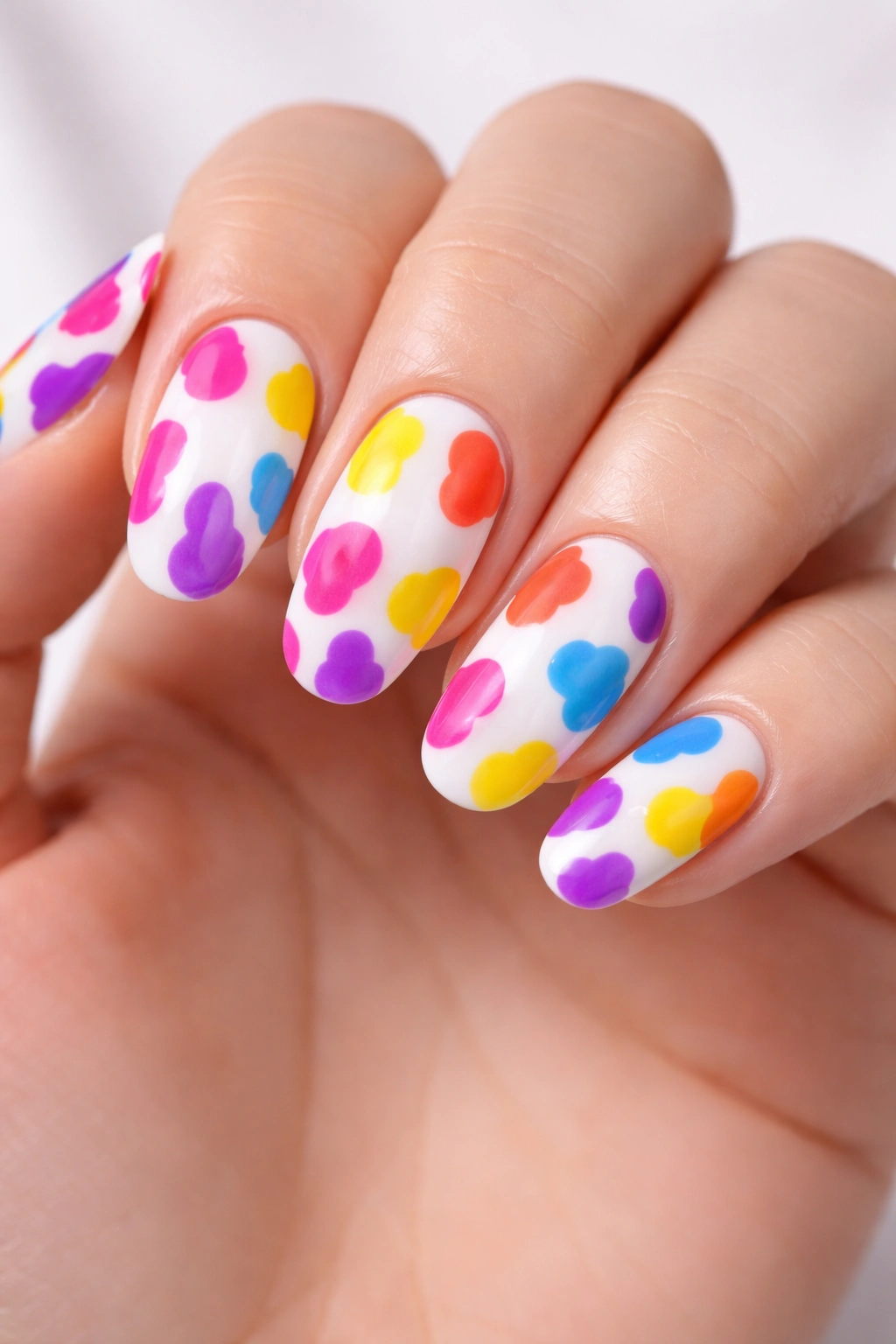 Close-up of rainbow cow print nails with colorful spots on white base