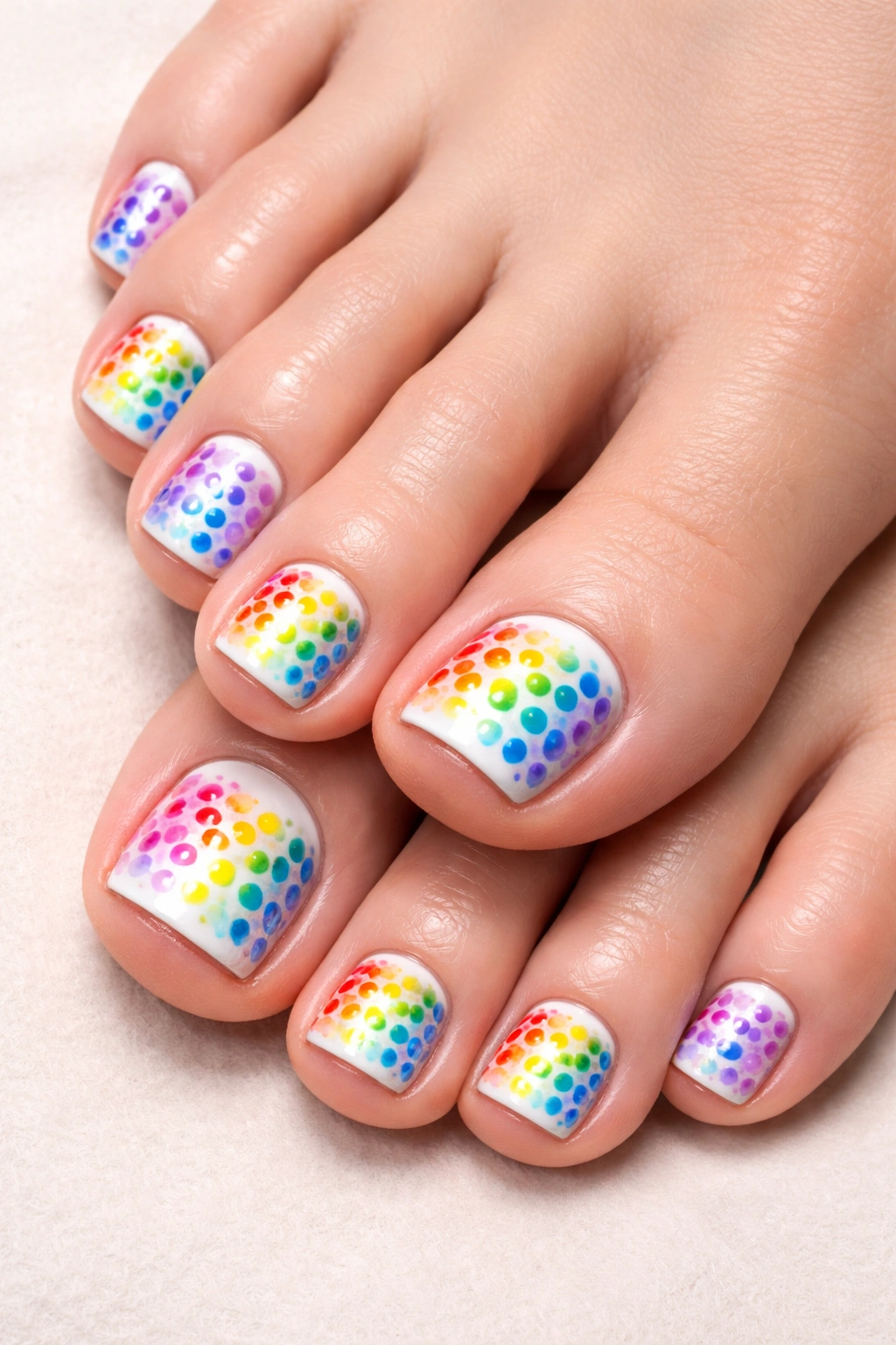 Toes with rainbow dot nail art on a pale base.