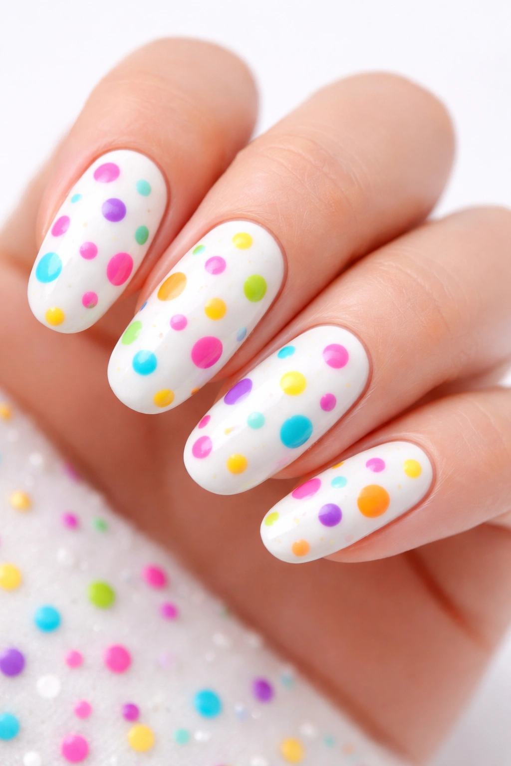 Close-up of five long round nails with a white base and rainbow scattered dots