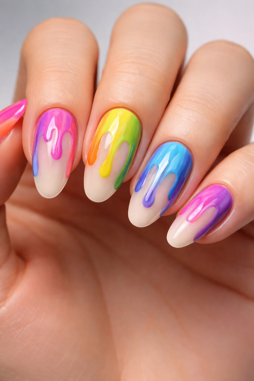 Rainbow drip nails with multicolor drips on a light base.