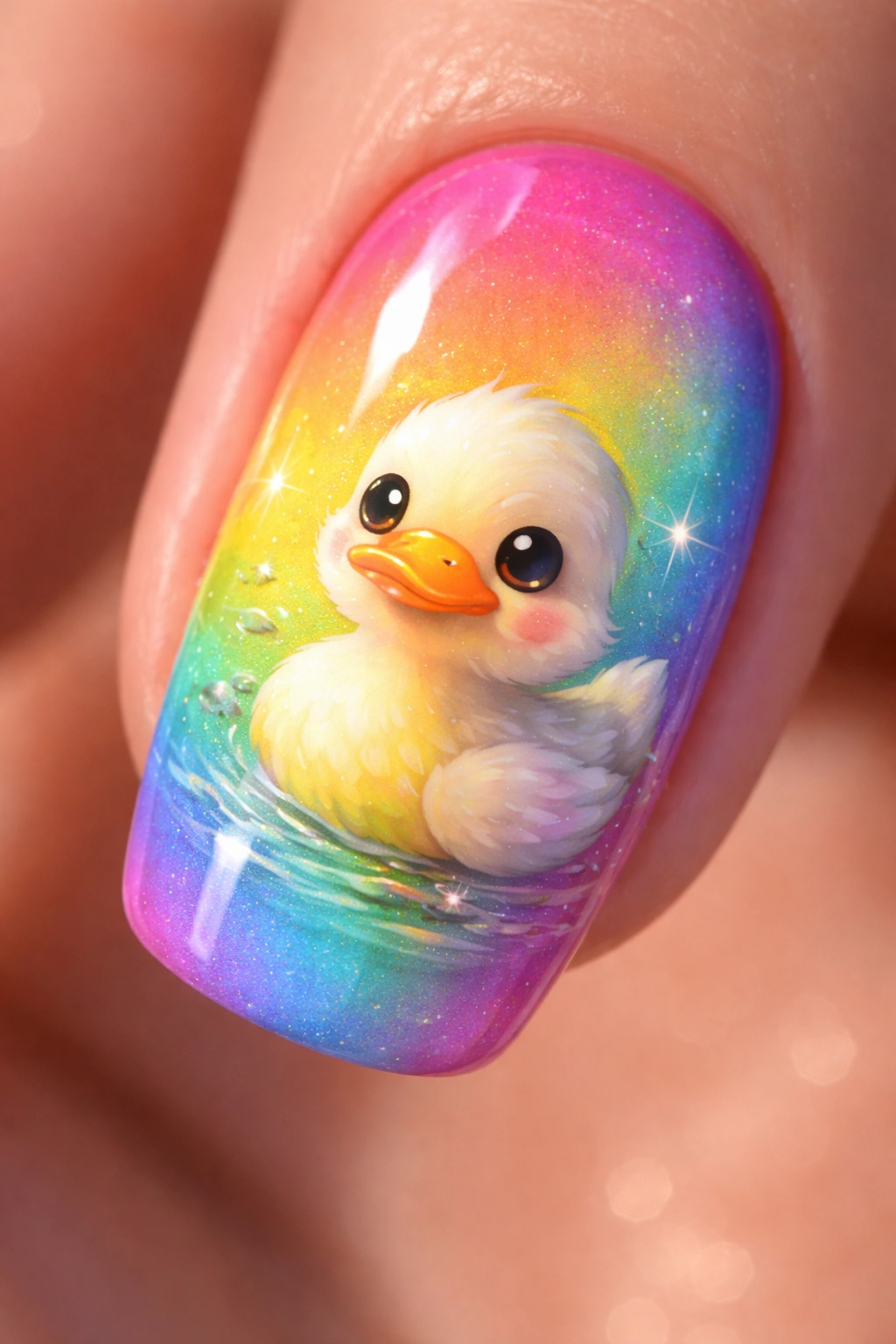 Duck illustration on rainbow gradient nail