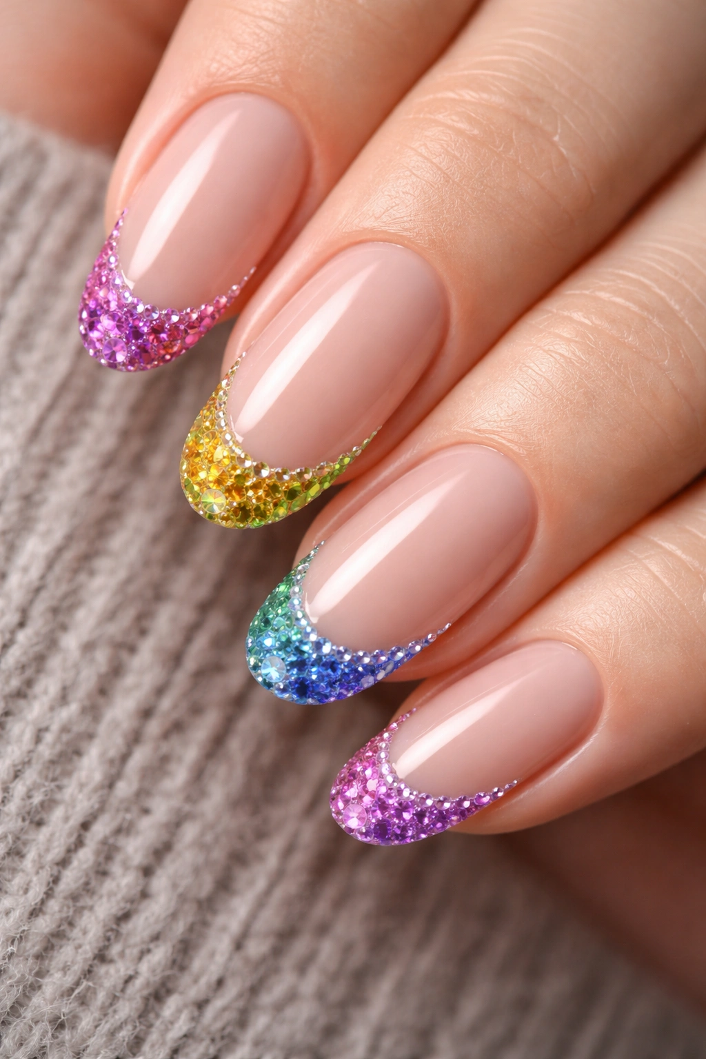 Nude-based nails with rainbow rhinestones on the French tip close-up