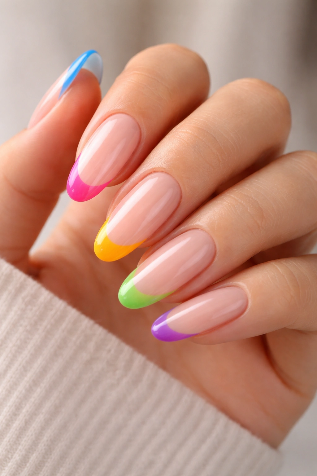 Long oval nails with rainbow-colored tips on a sheer base