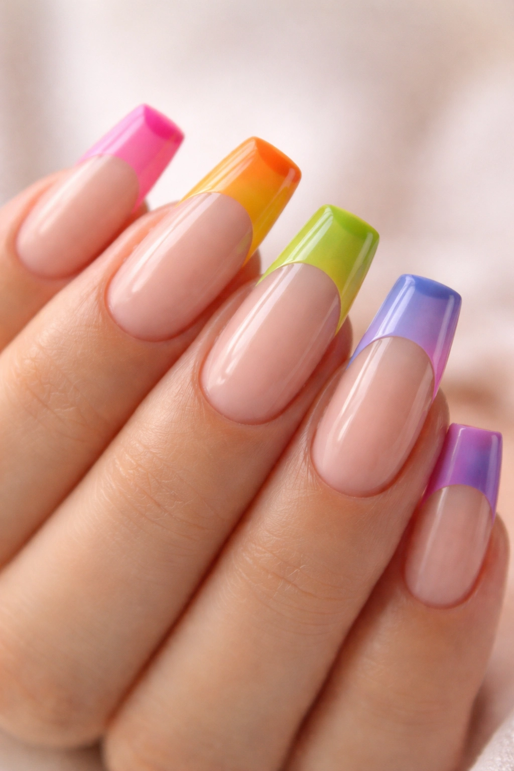 Close-up of duck nails with rainbow-colored tips on nude base.