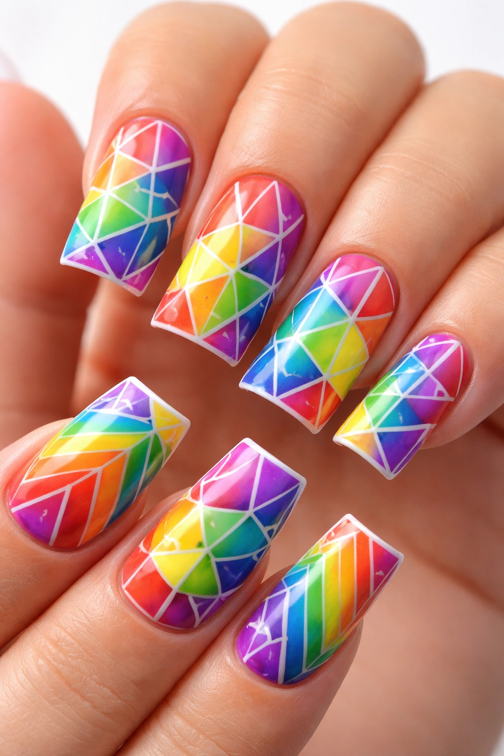Close-up of duck nails with rainbow geometric shapes in triangles and stripes.