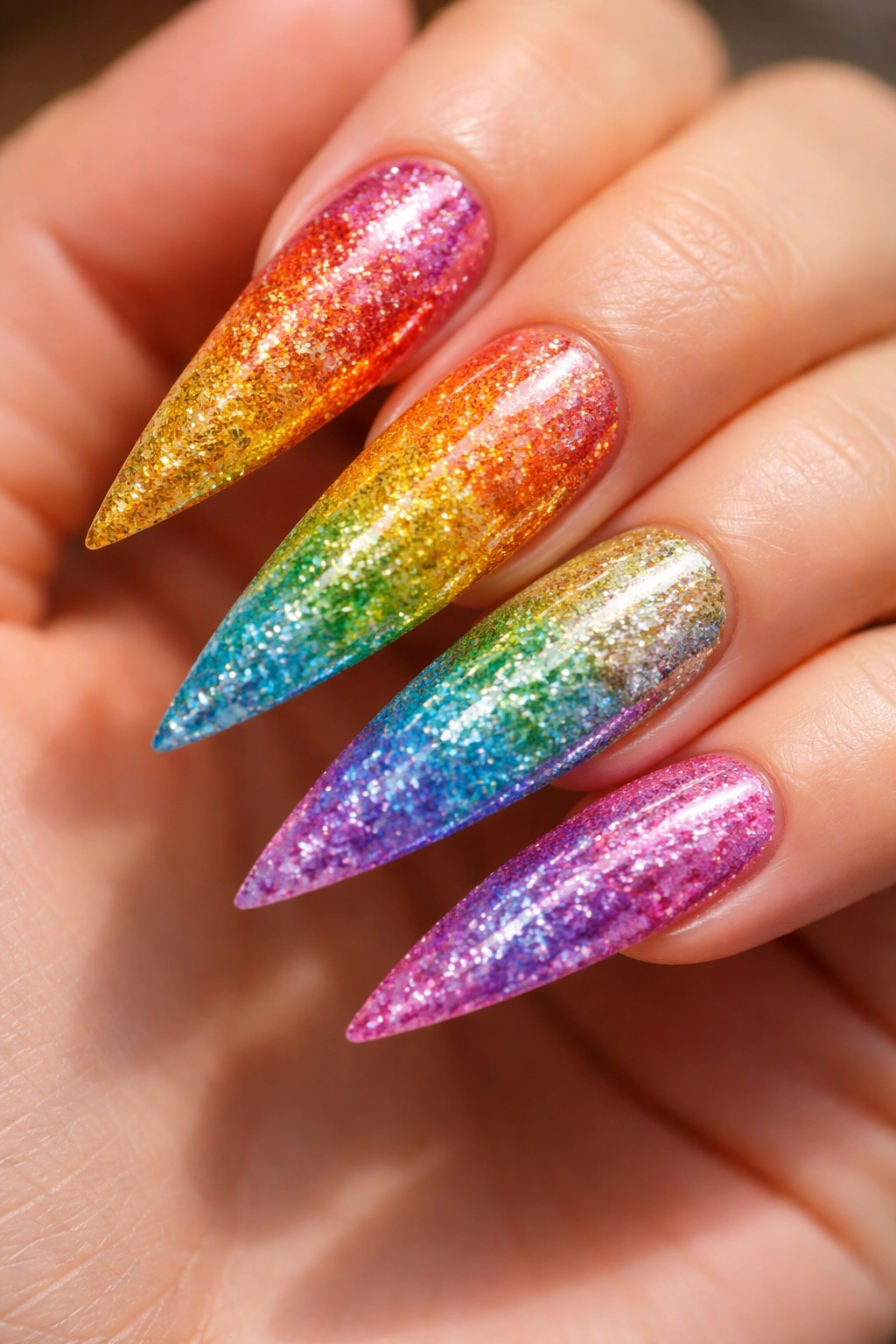 Close-up of stiletto nails with a rainbow glitter gradient and metallic gold and silver glitter