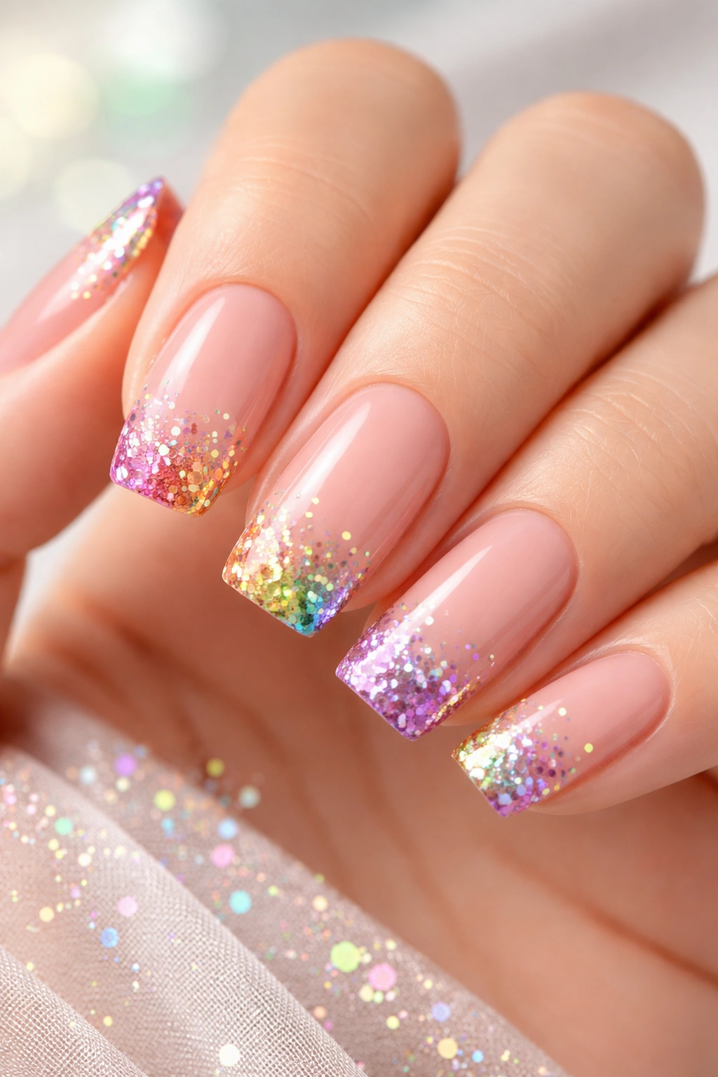 Close-up of nails with nude base and rainbow glitter tips