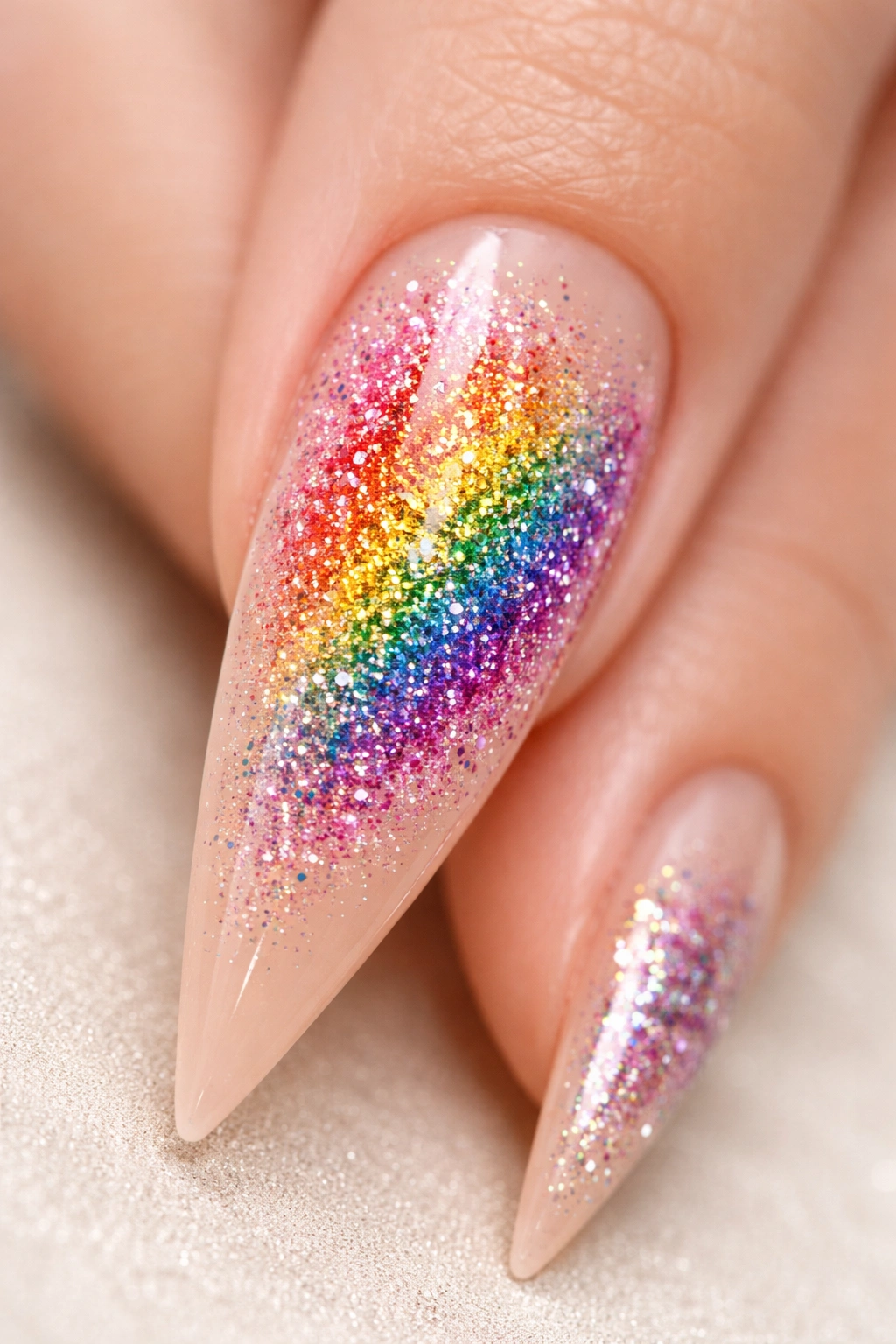 Close-up of a nude-based stiletto nail with a rainbow glitter burst in the center