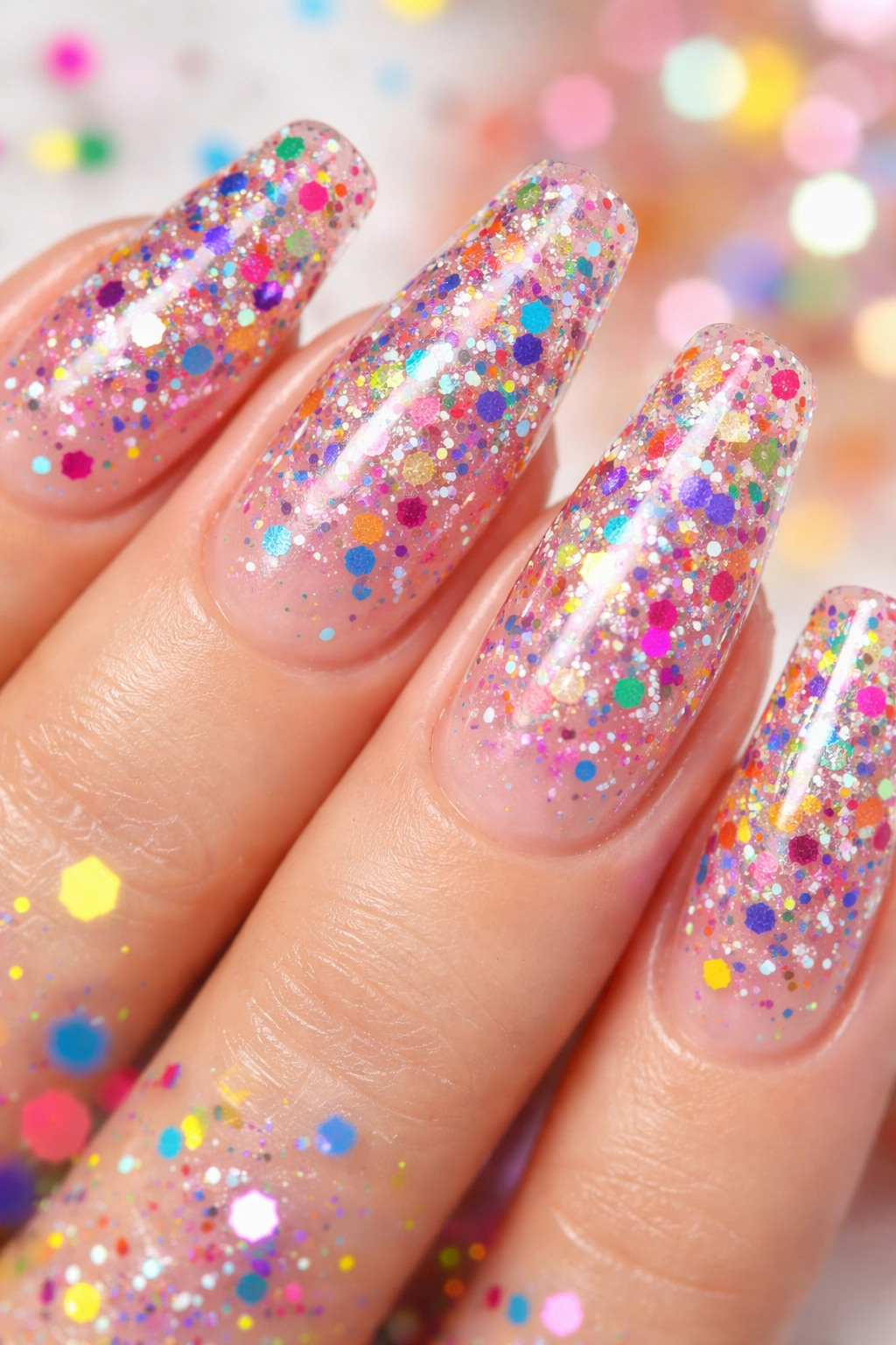 Close-up of rainbow glitter confetti nails on a nude base