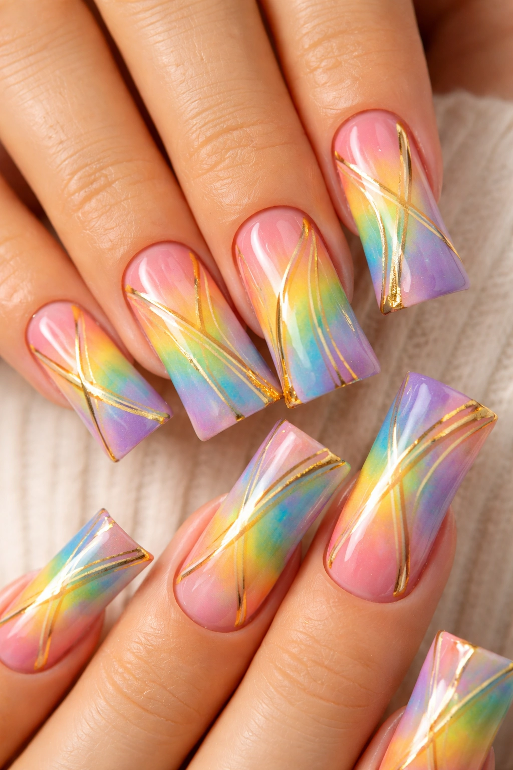 Duck nails with rainbow design and gold accents.