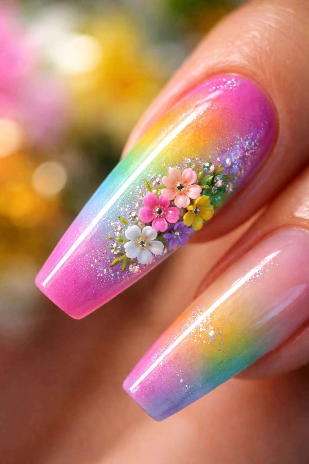 Coffin nail with rainbow gradient and clustered colorful flowers