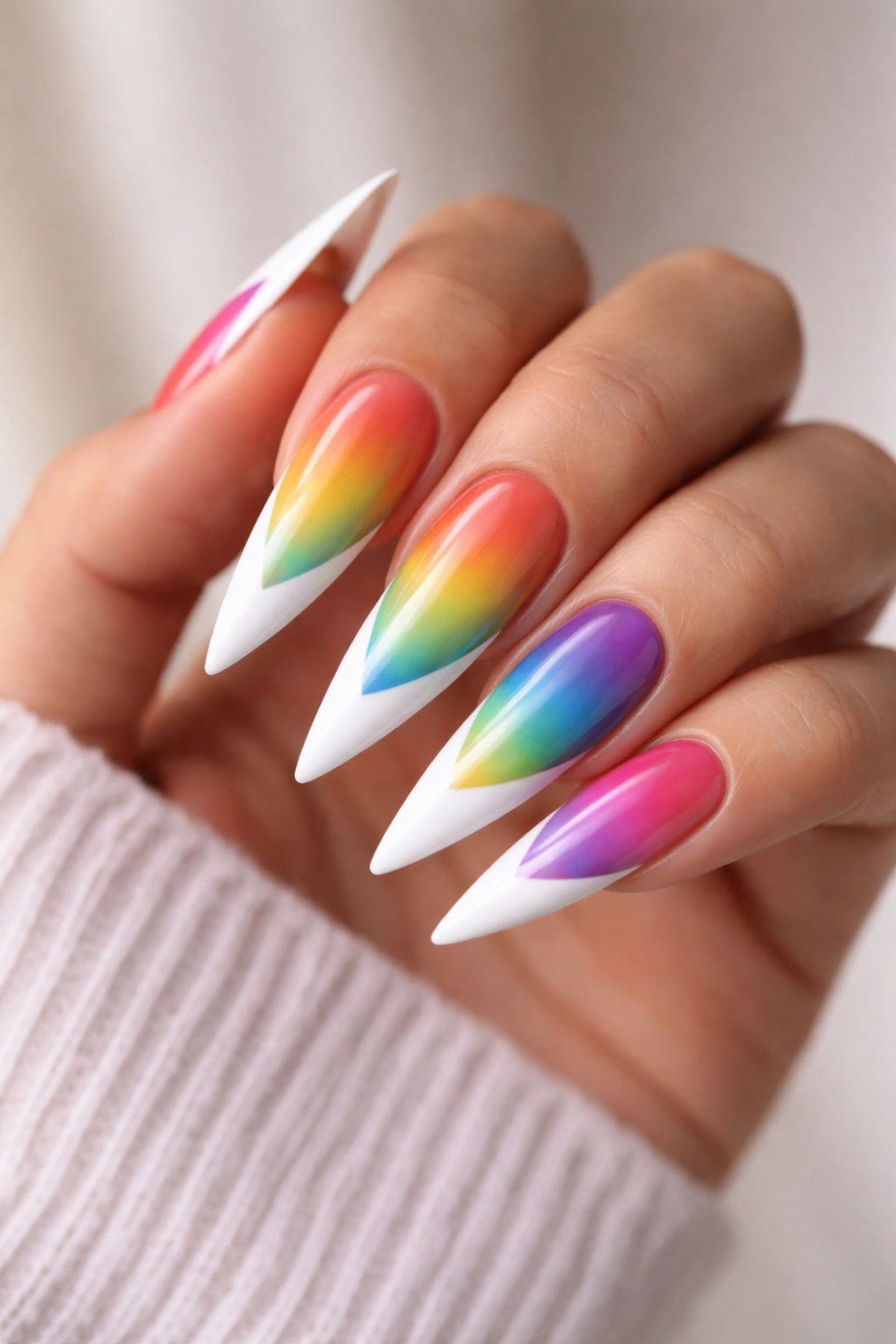 Close-up of stiletto nail with rainbow gradient base and French tip