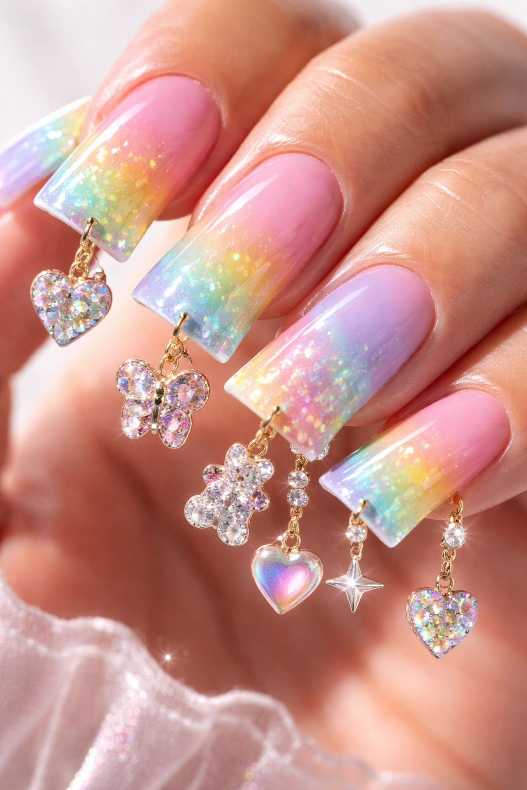 Duck nails with rainbow gradient and holographic charms.