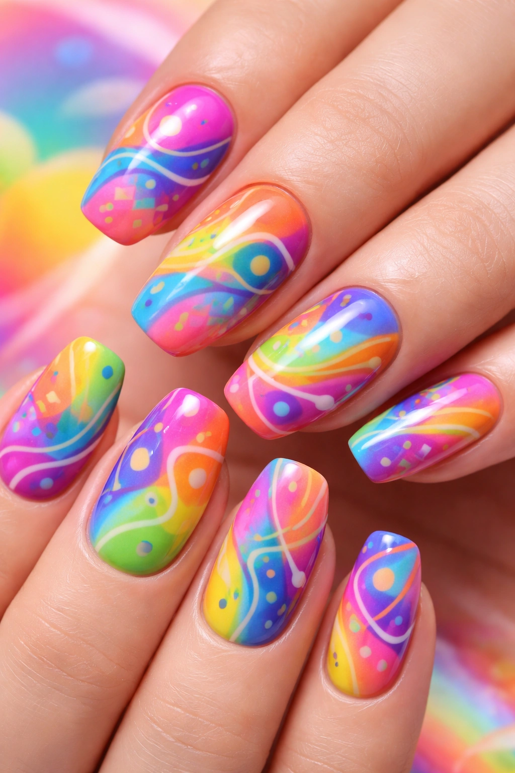 Close-up rainbow gradient nails with abstract shapes