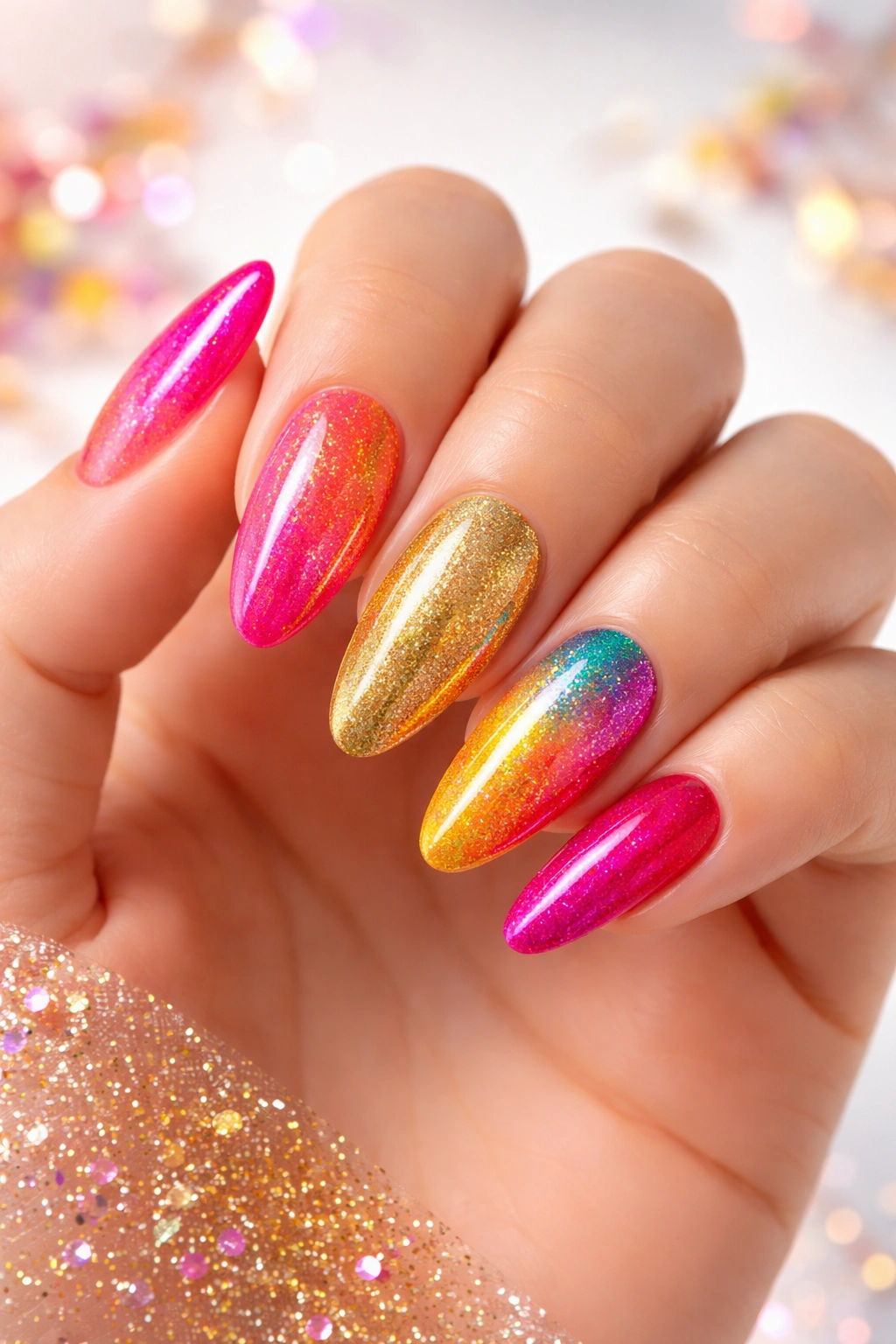 Close-up of rainbow gradient nails on a hand