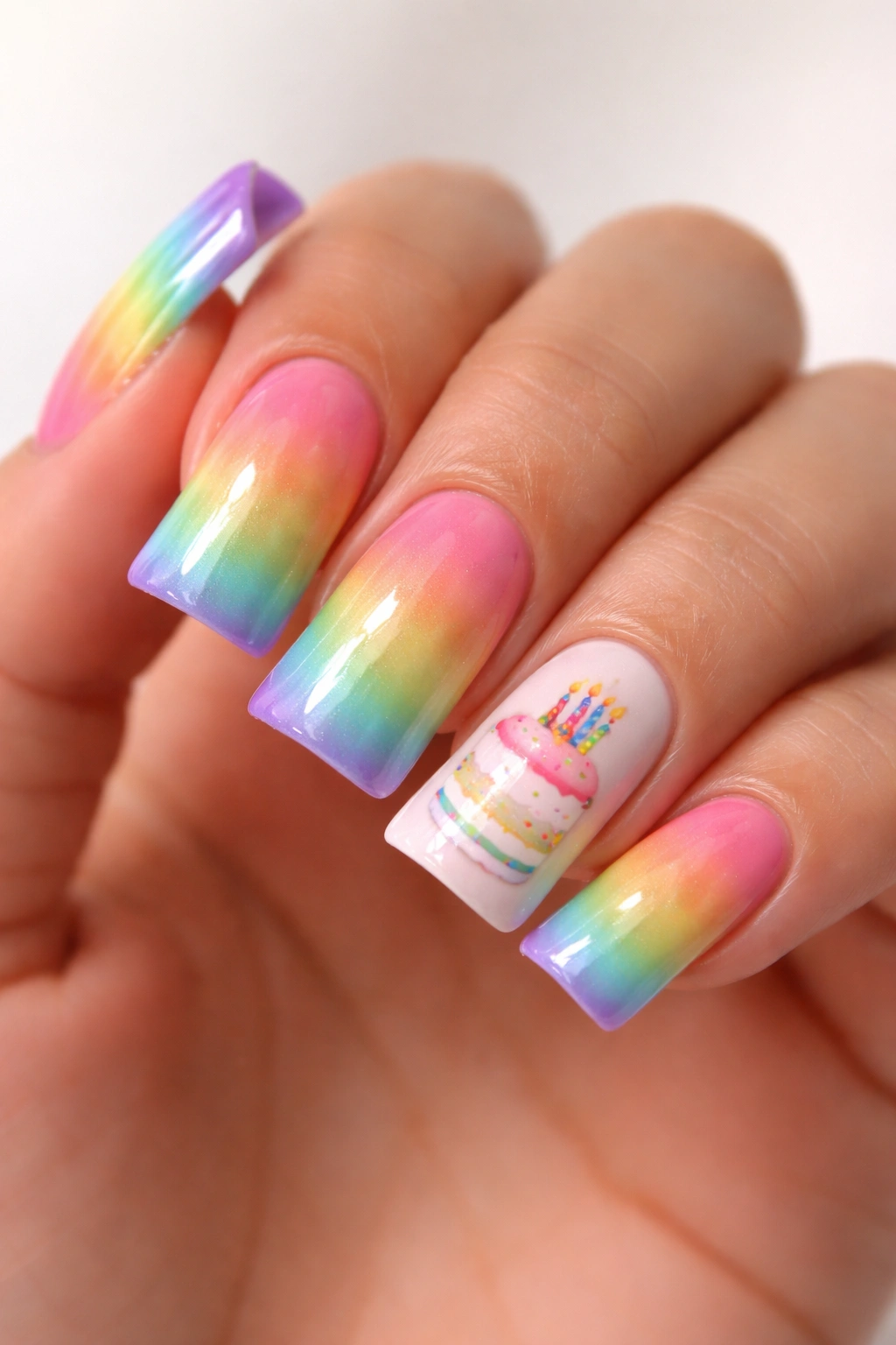 Duck nails with rainbow gradient and a small birthday cake on one accent nail