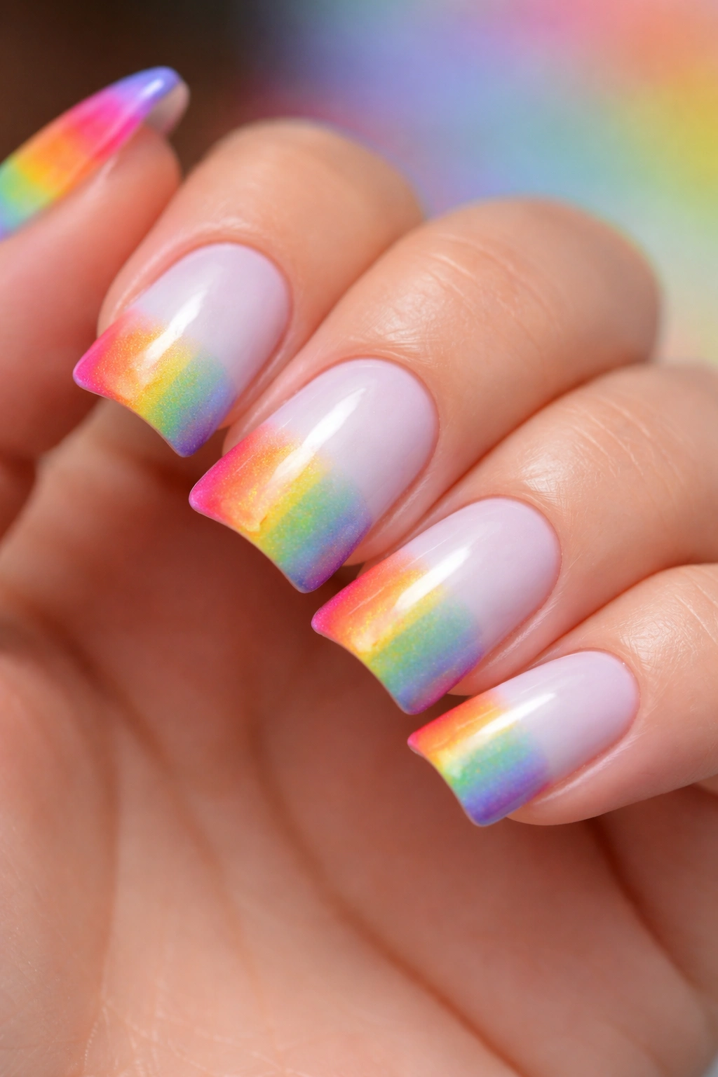 Short duck nails with white base and vivid rainbow gradient at the tip