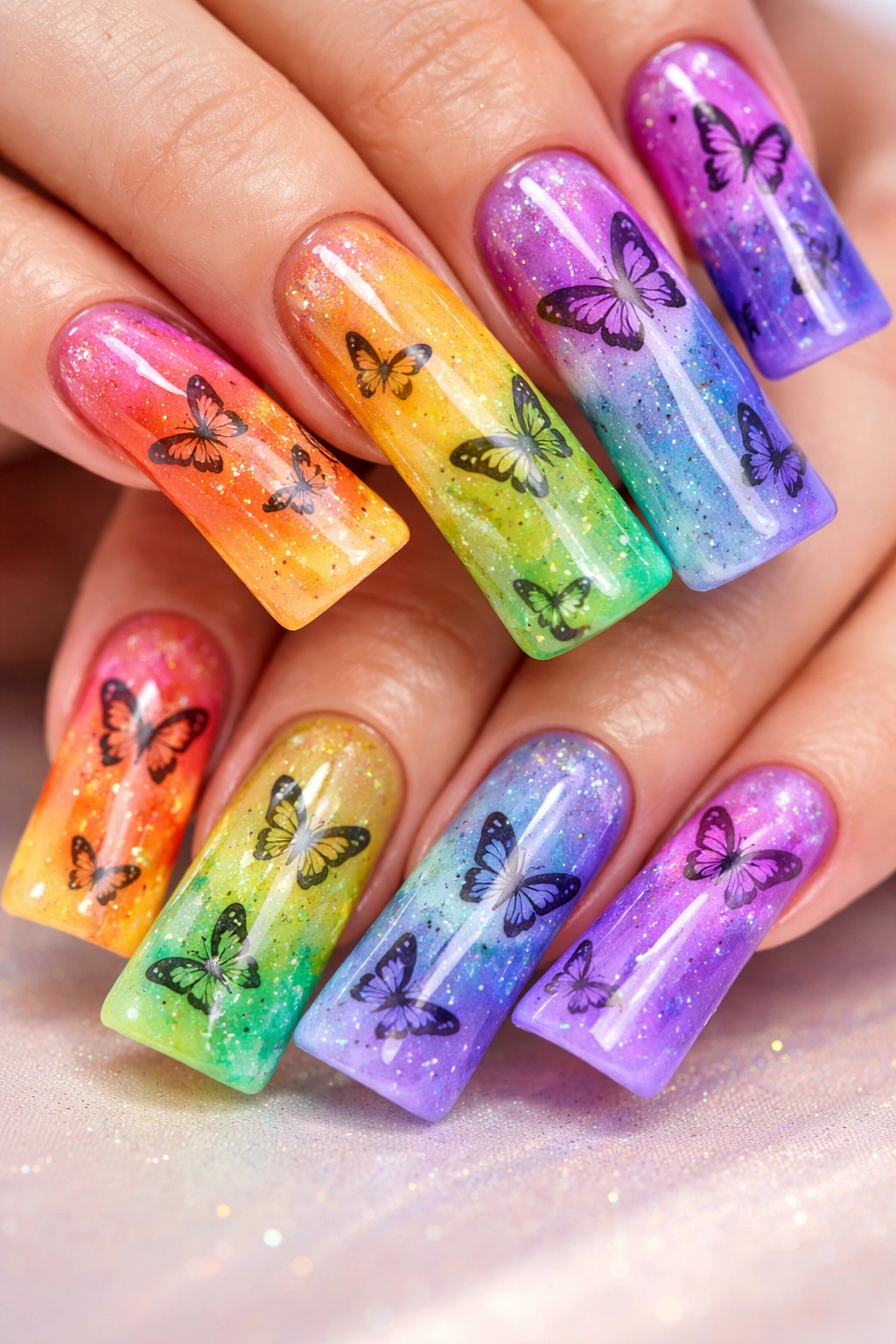 Duck nails with rainbow gradient and butterfly silhouettes