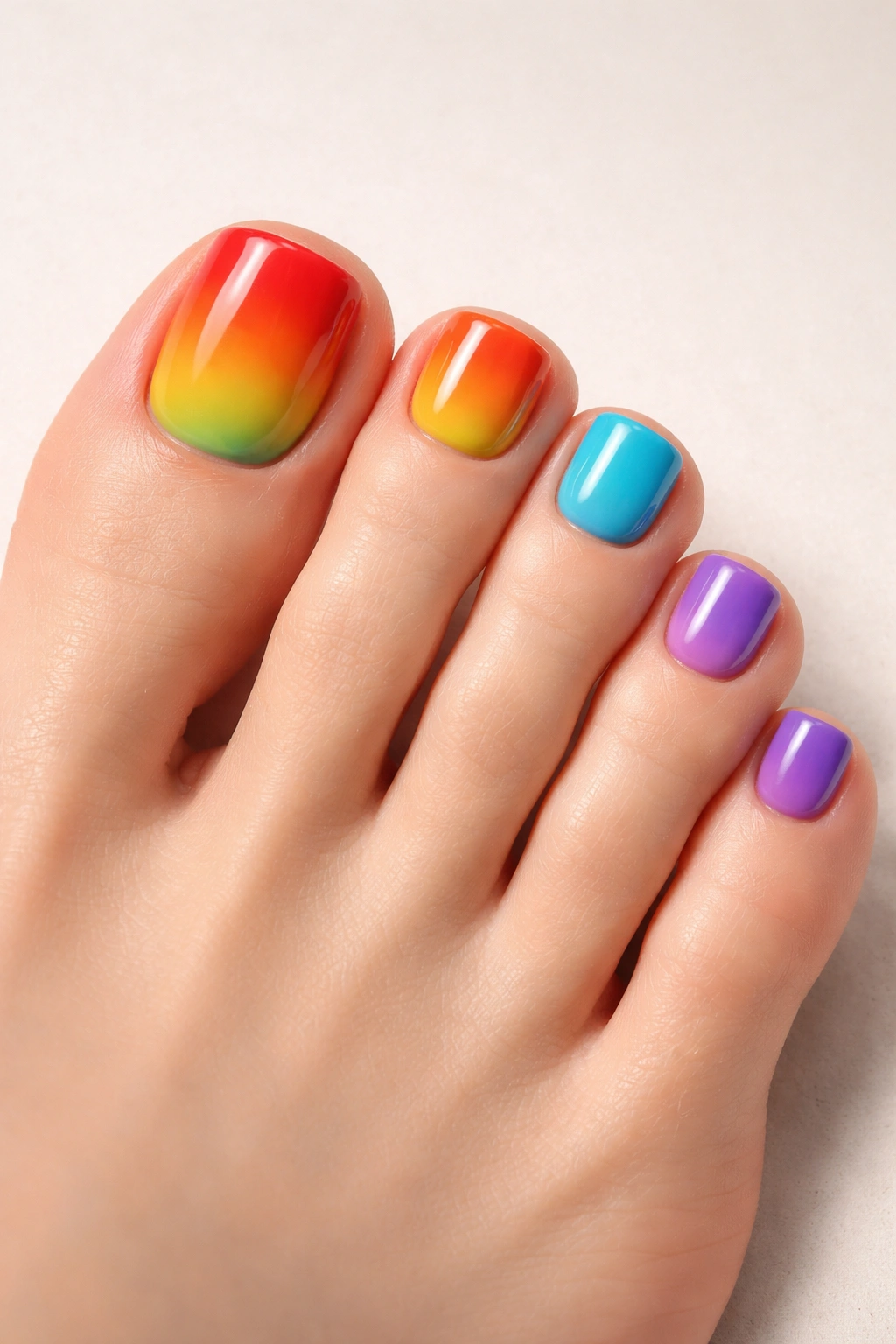 Close-up of five toenails with a rainbow gradient on a bare foot