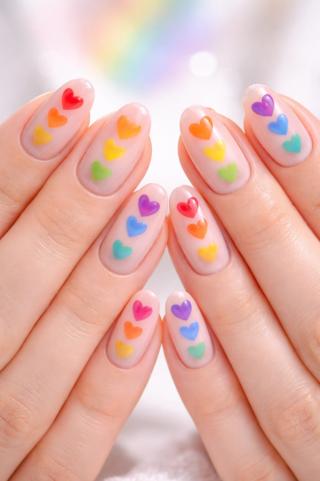 Nails with rainbow colored heart accents on each finger
