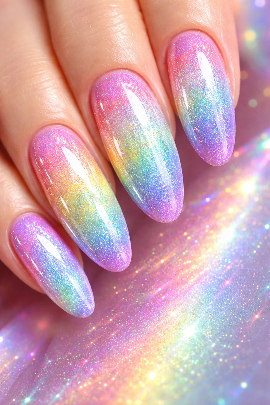 Nails with rainbow holographic ombre gradient
