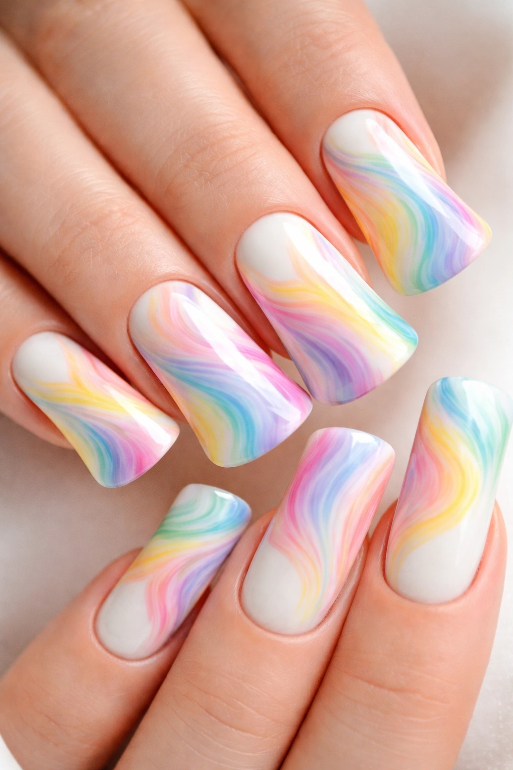 Close-up of duck nails with rainbow marble swirl on white base, glossy finish