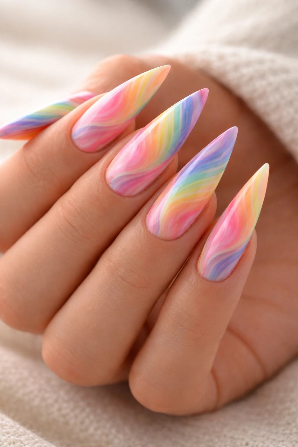 Nude base nails with rainbow marble swirling patterns