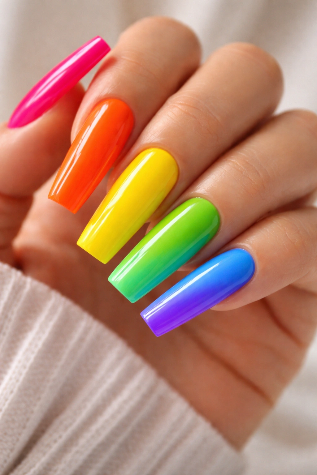 Rainbow coffin nails with each nail a different vivid color