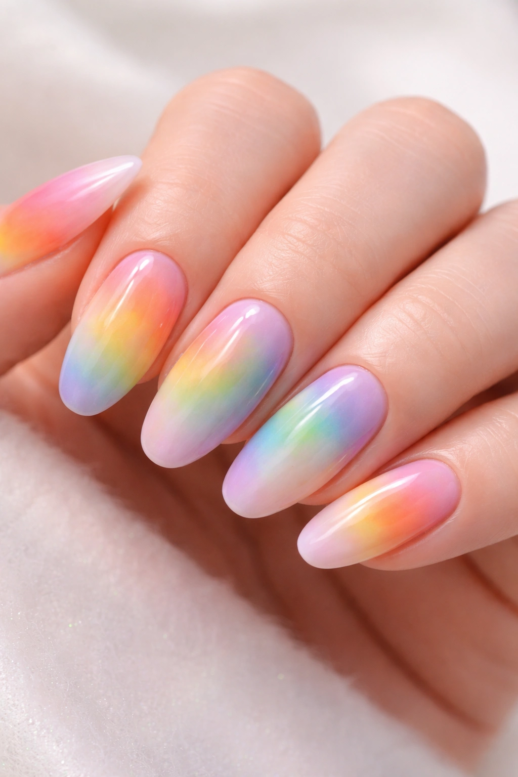 Rainbow burst nails with soft multi-color gradient on pale base