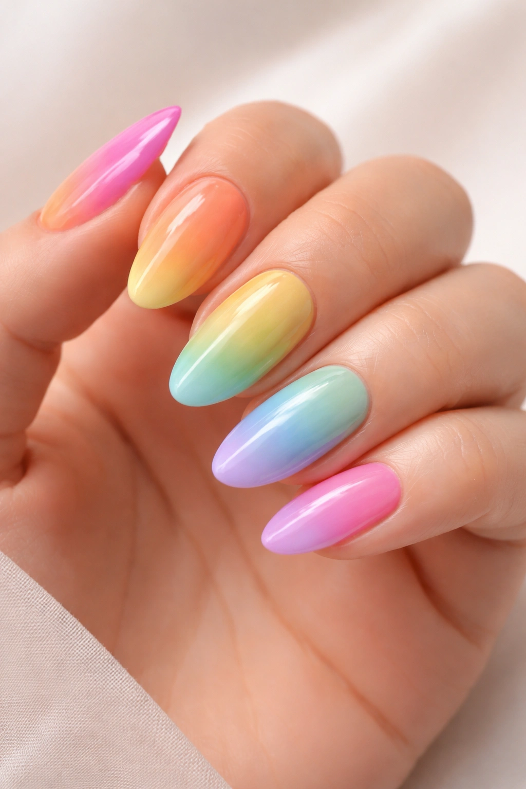 Rainbow ombre nails on hand in rainbow colors