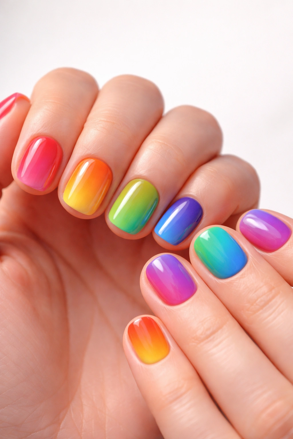 Close-up of two hands with short nails displaying rainbow gradient designs.