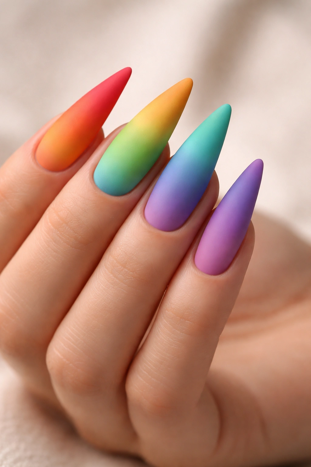 Stiletto nails with rainbow gradient in matte finish