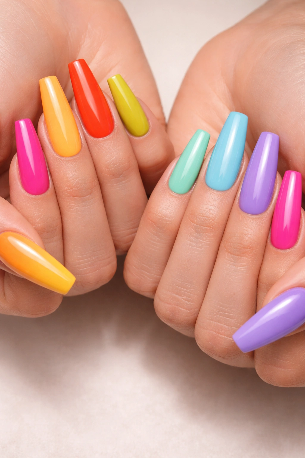 Two hands with coffin nails in rainbow colors arranged in different orders for matching yet mismatched coordination