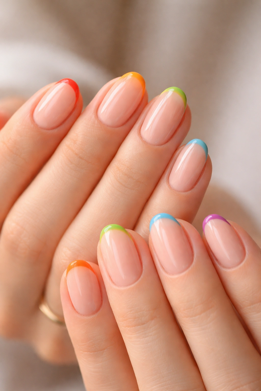 Close-up of short oval nails with rainbow tips on a sheer nude base