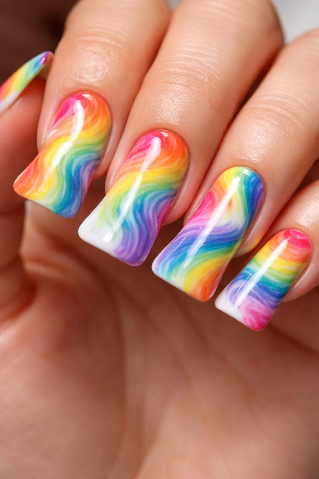 Close-up of rainbow tie-dye on white-based elongated duck nails