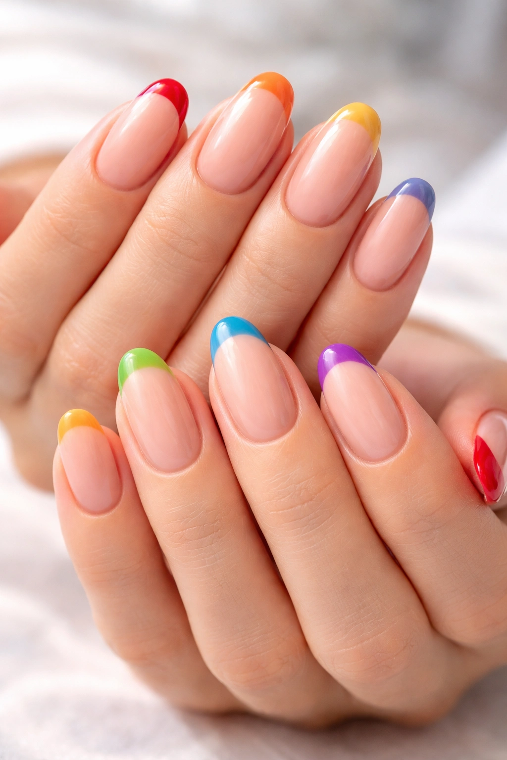 Two hands with nude base nails and rainbow tips on each nail.