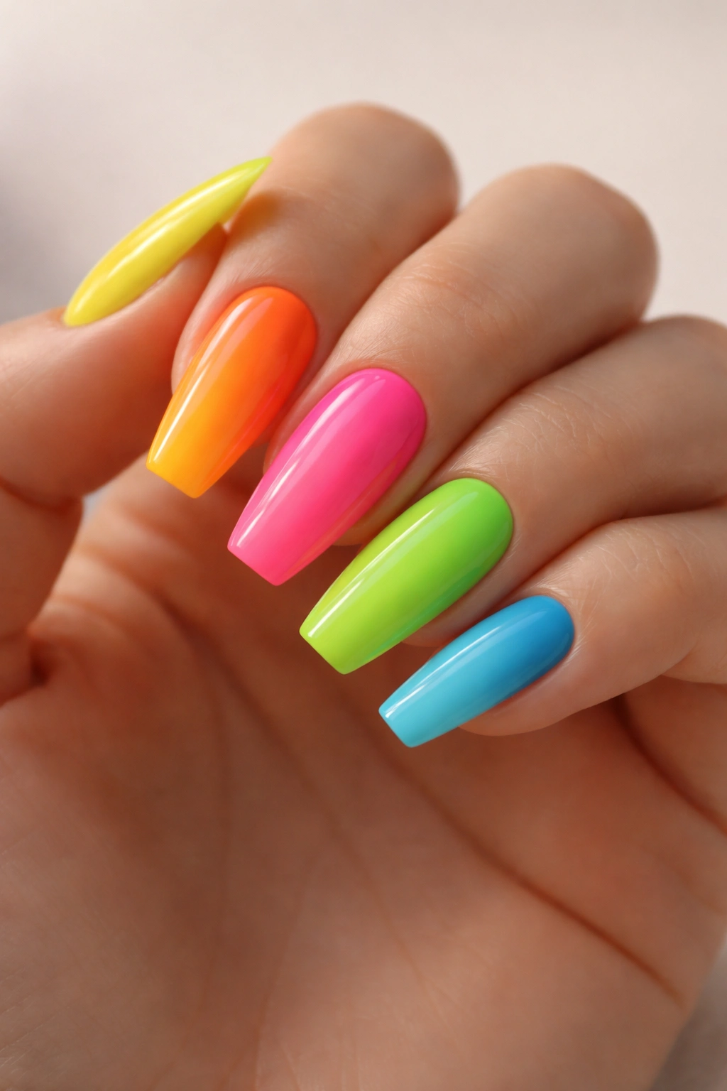 Close-up of rainbow neon Skittles on five ballerina nails in gradient order.