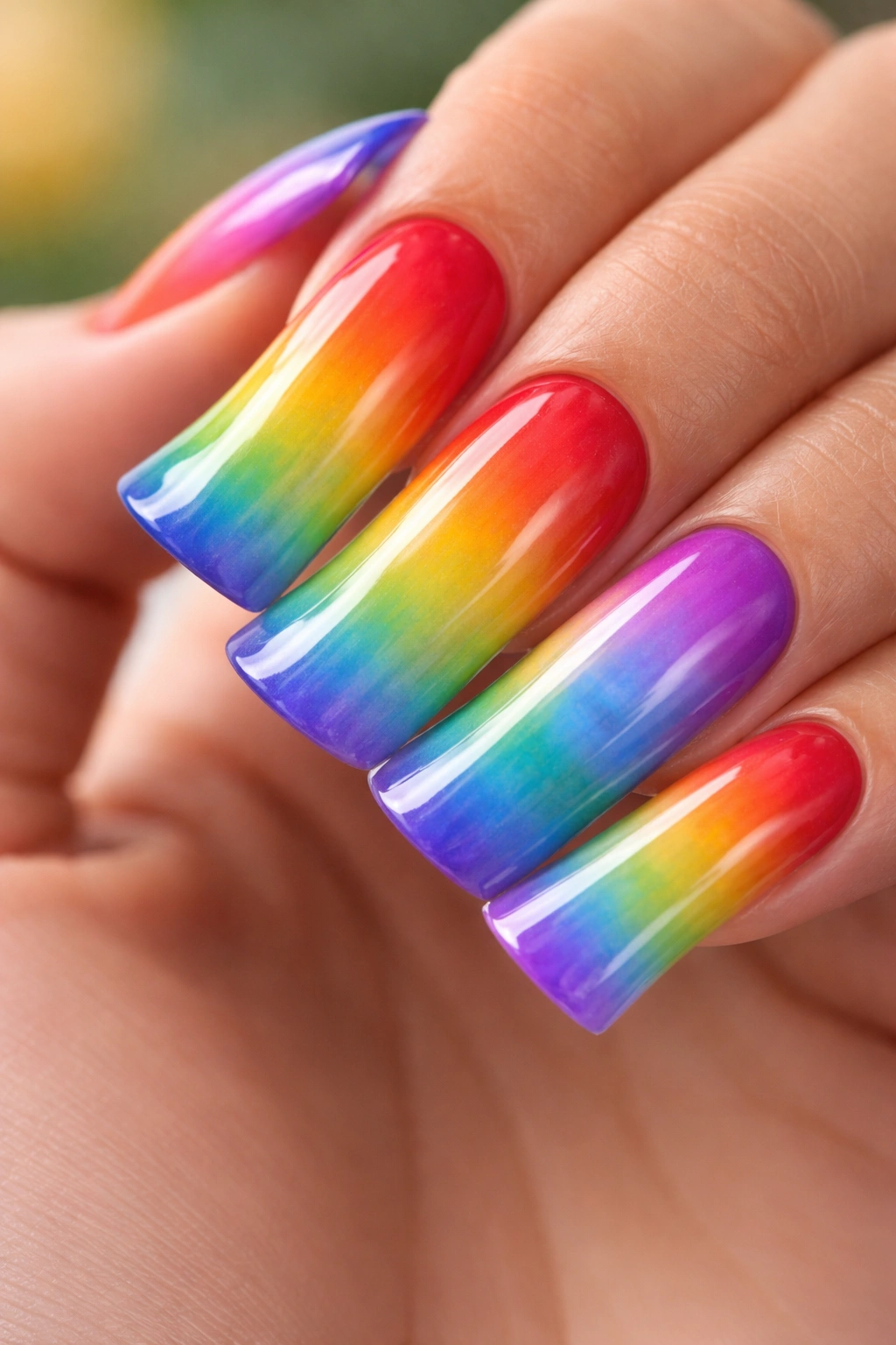 Duck nail with vertical rainbow gradient from red to purple