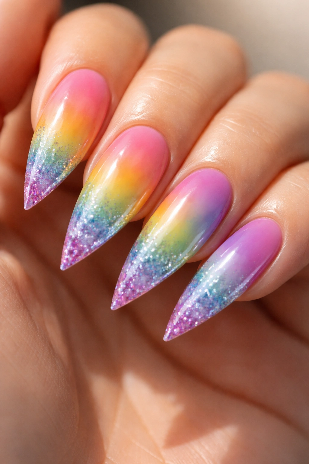 Close-up of stiletto nails with rainbow ombre and glitter tips