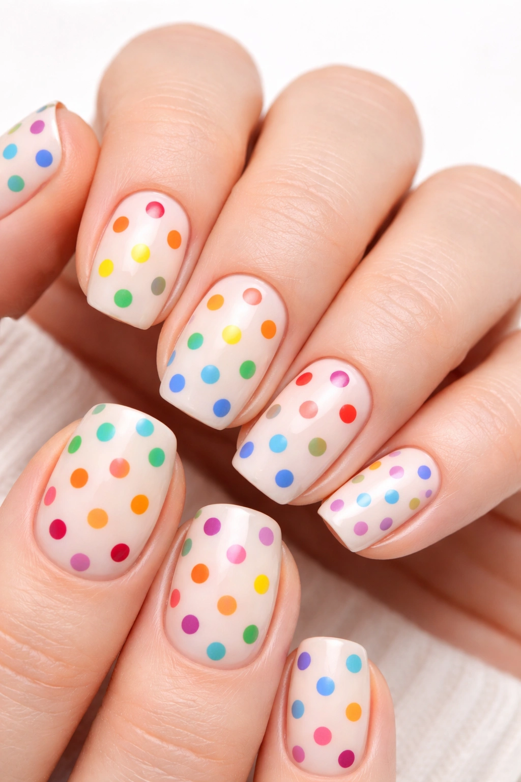 Nails with multicolor rainbow polka dots on a neutral base