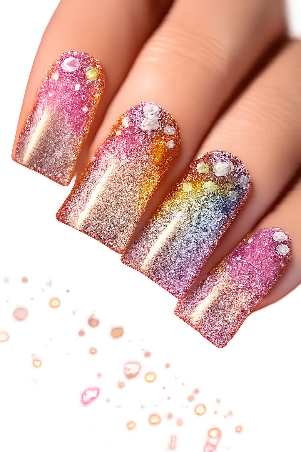 Nails with rainbow rhinestones fading into glitter