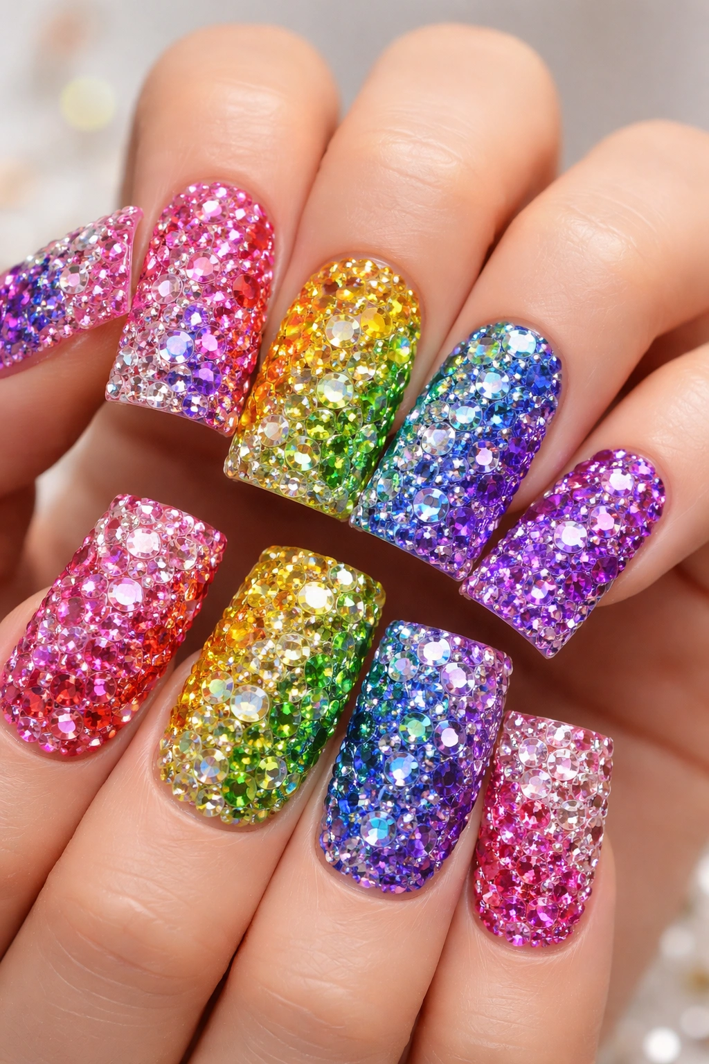 Close-up of five nails with a nude base and rainbow rhinestones sparkling across the tips.