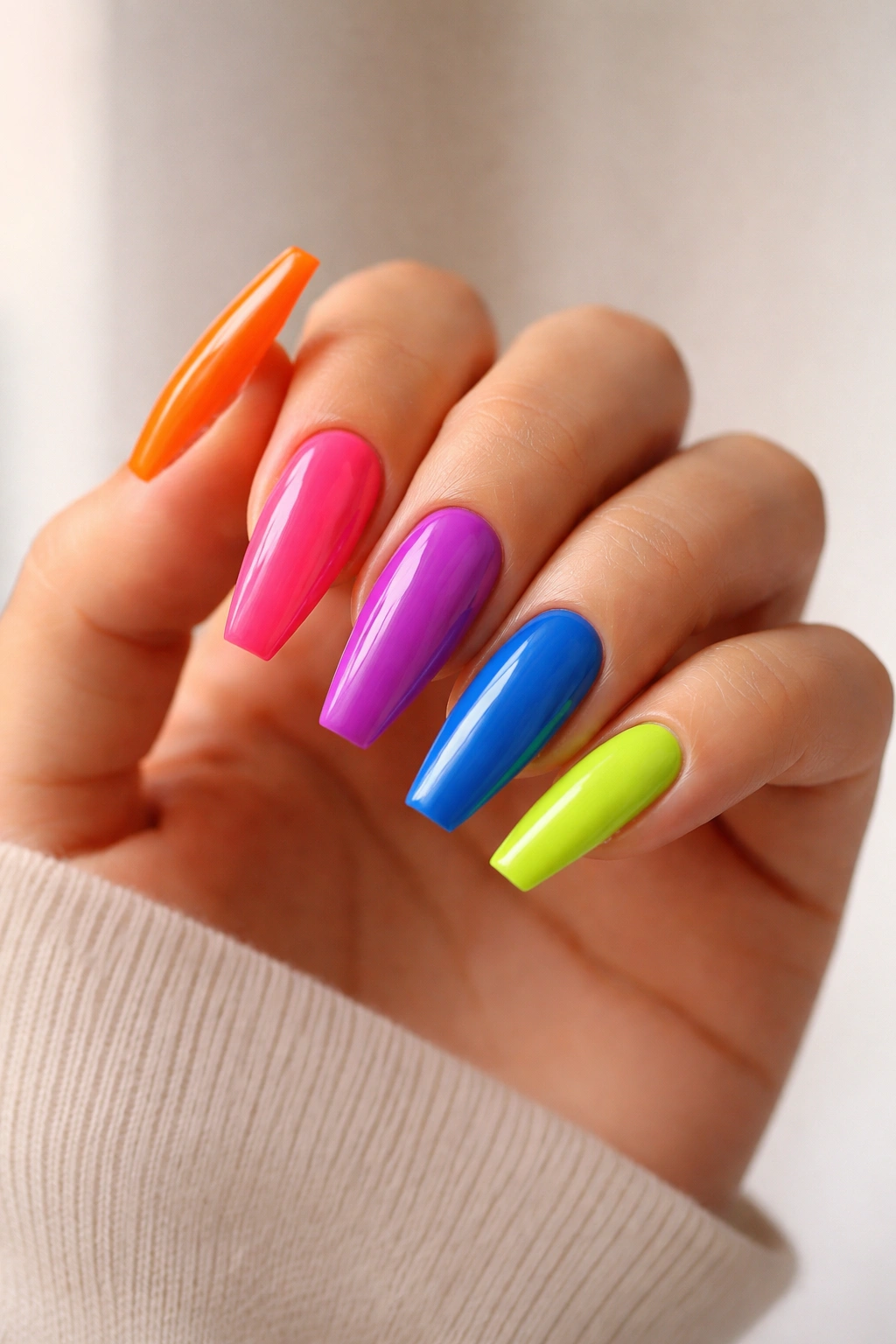 Five-color rainbow skittle nails on ballerina shape