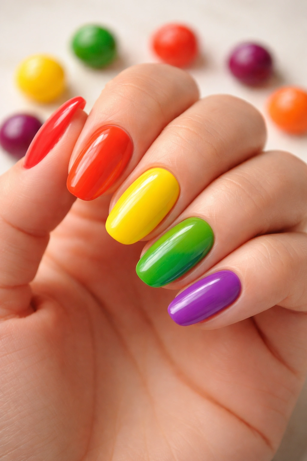 Close-up nails with rainbow Skittles manicure in varied colors