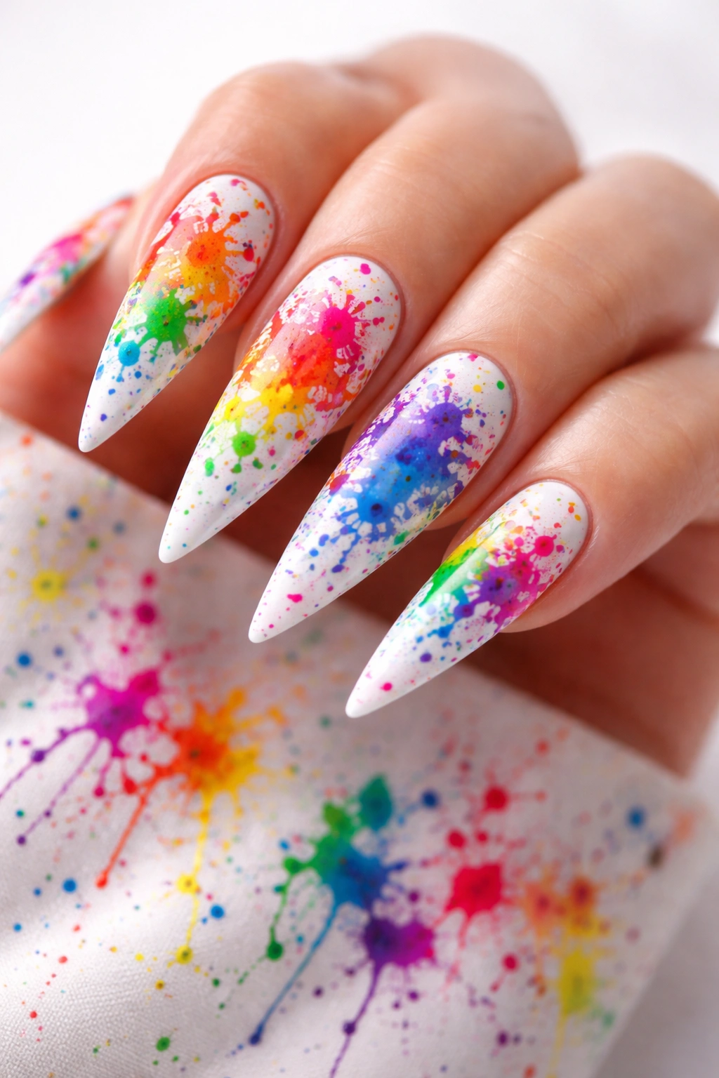 Close-up of stiletto nails with white base and rainbow splatter