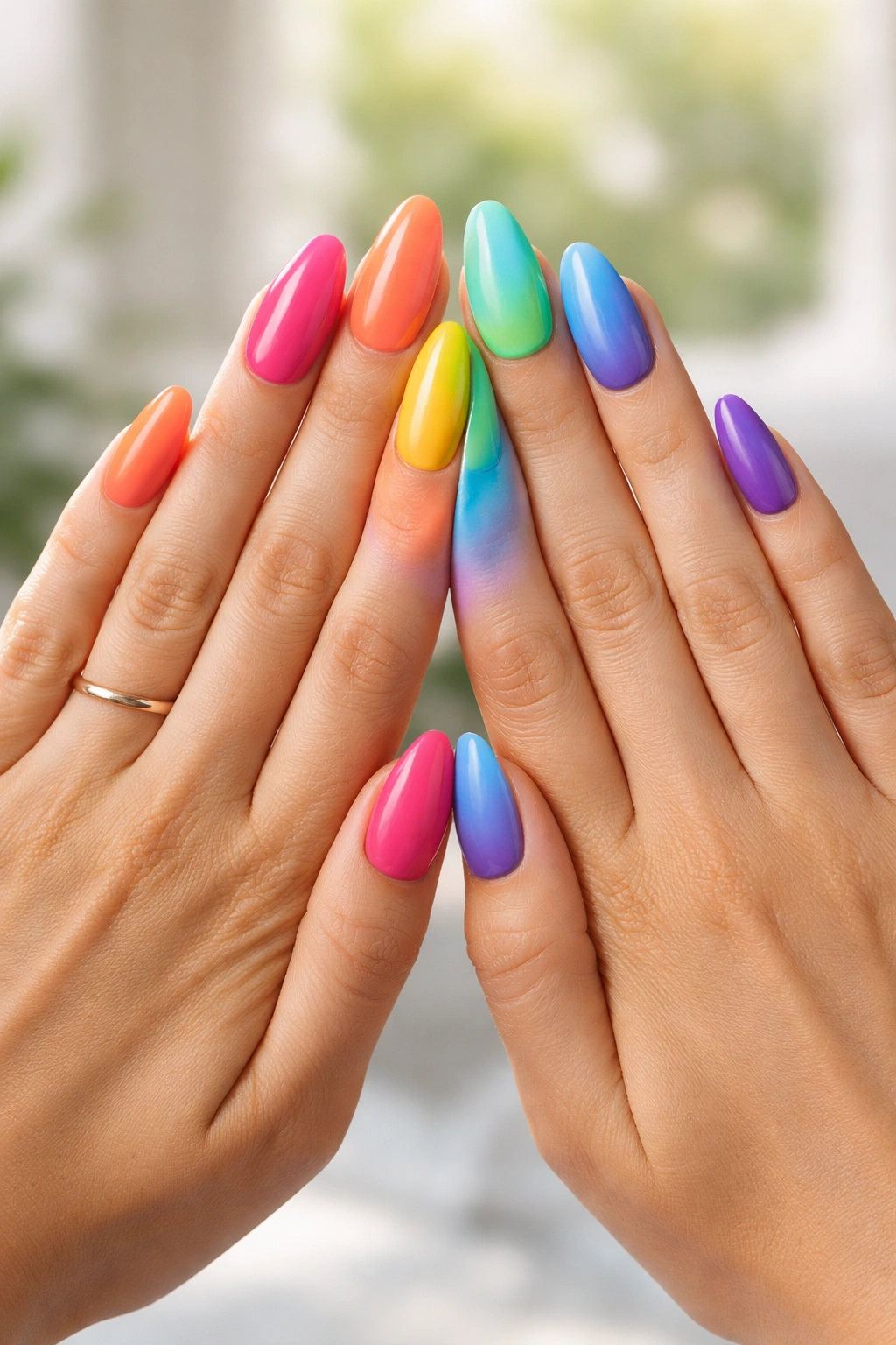 Hands with nails split into warm and cool rainbow colors