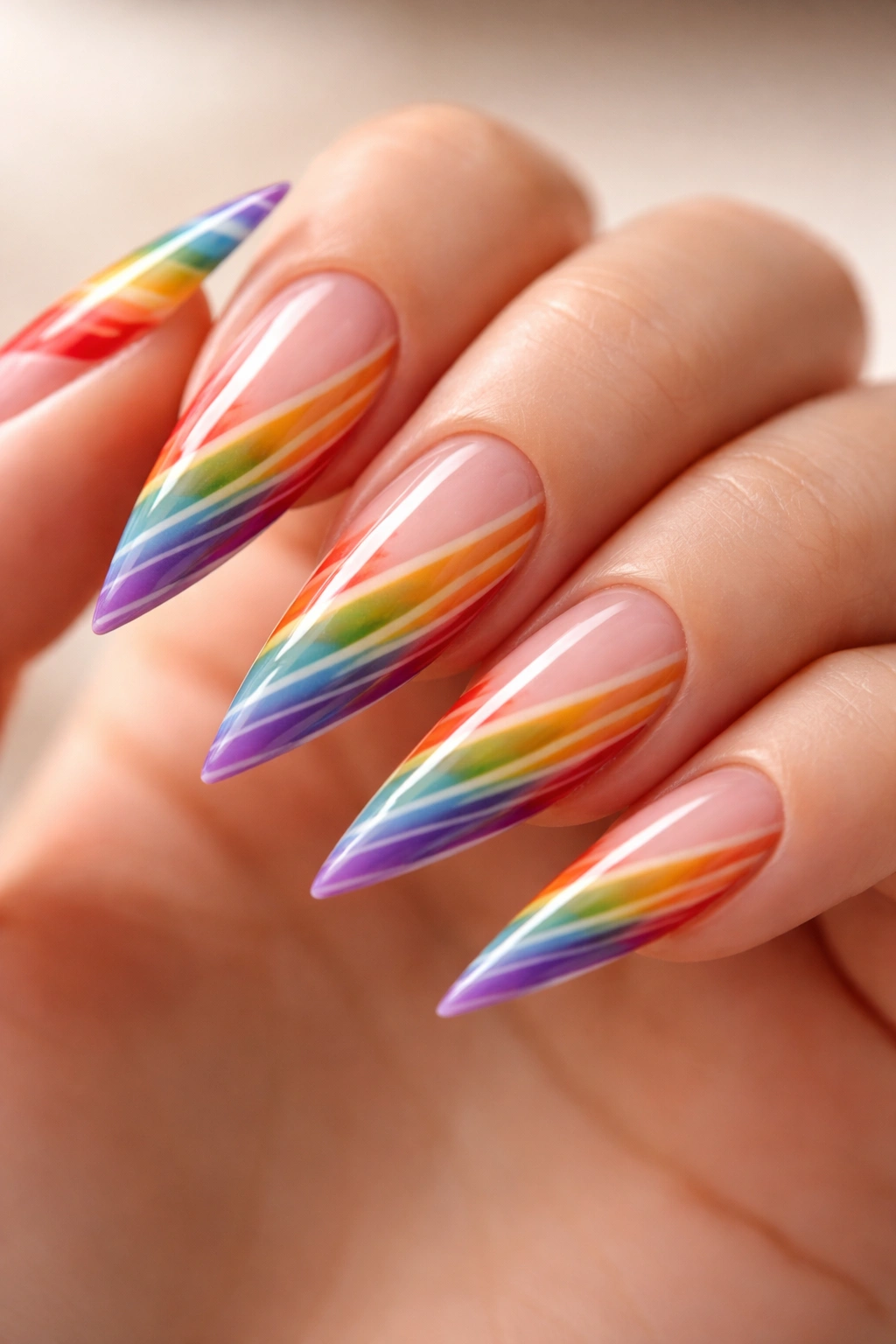 Close-up of stiletto nails with rainbow stripes and negative space