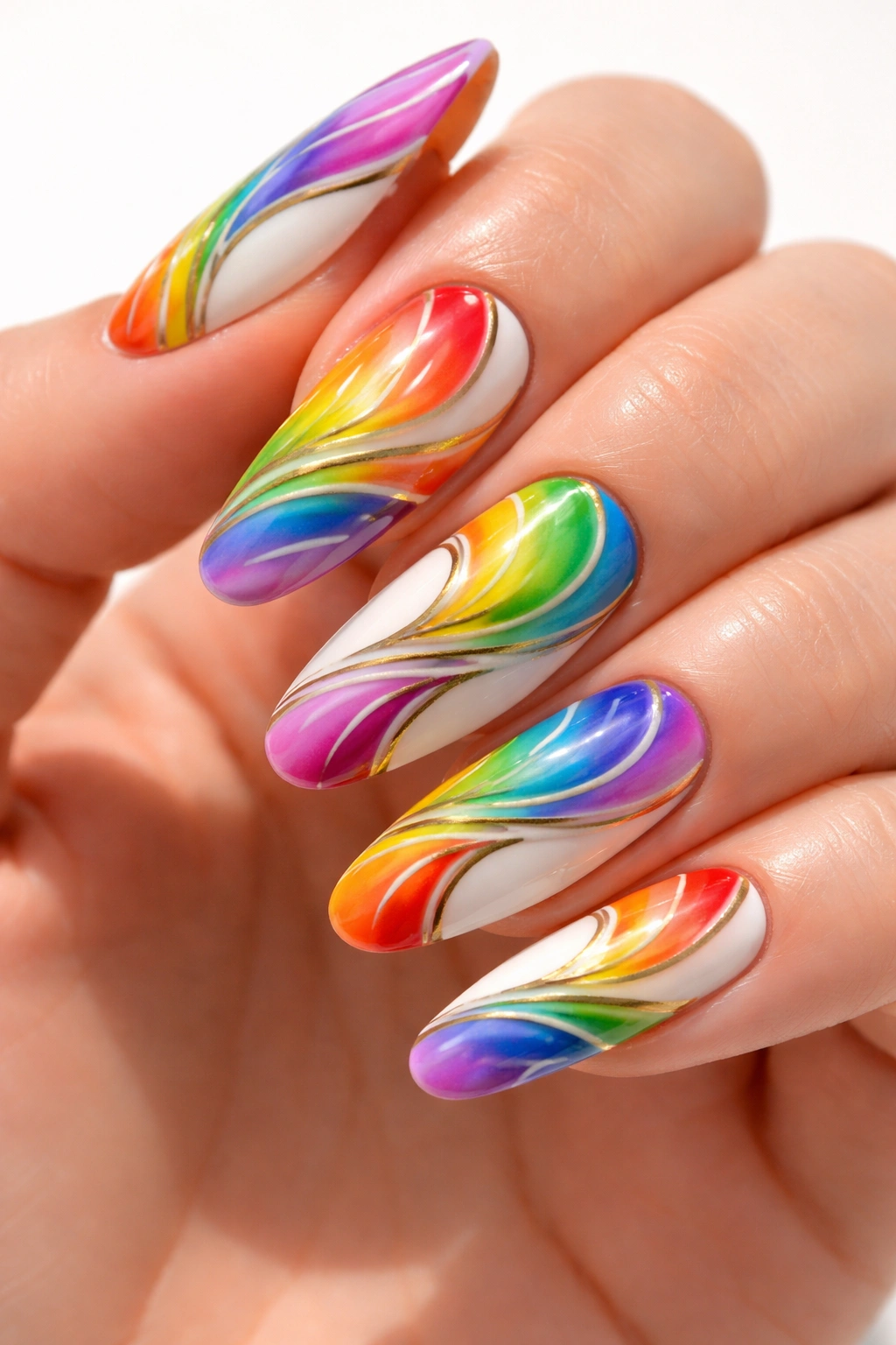 Close-up of rainbow swirl nails with gold dividers